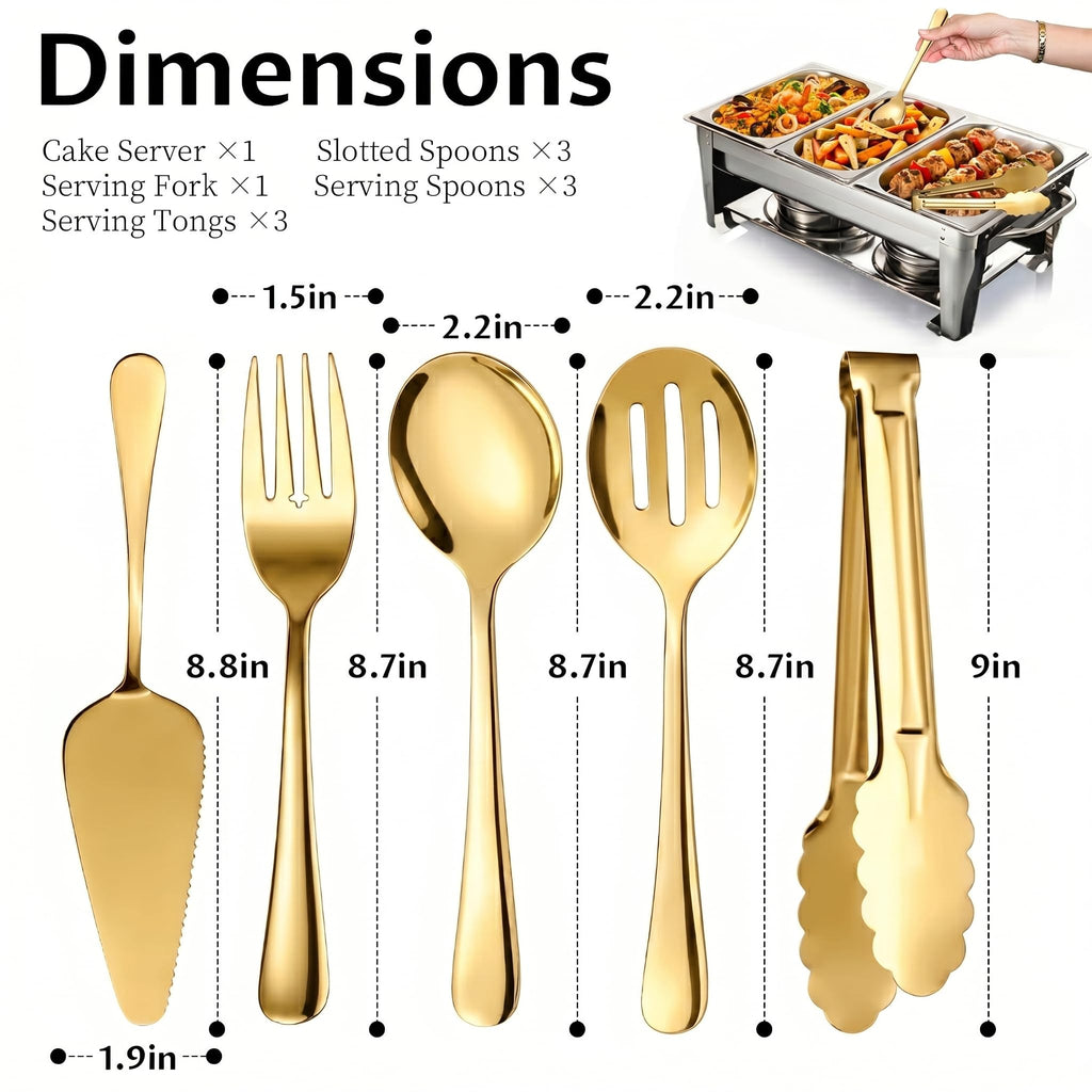 11PCS Stainless Steel Gold Serving Utensils, 8.7''Serving Spoons,8.7''Slotted Spoons, Serving Fork, 9'' Serving