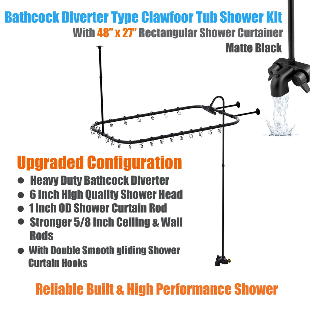 Clawfoot Tub Shower Kit,with Add On Bathcock Diverter Faucet and 48 Inch x 27 Inch Rectangular Rod Kit,Claw Foot Tub