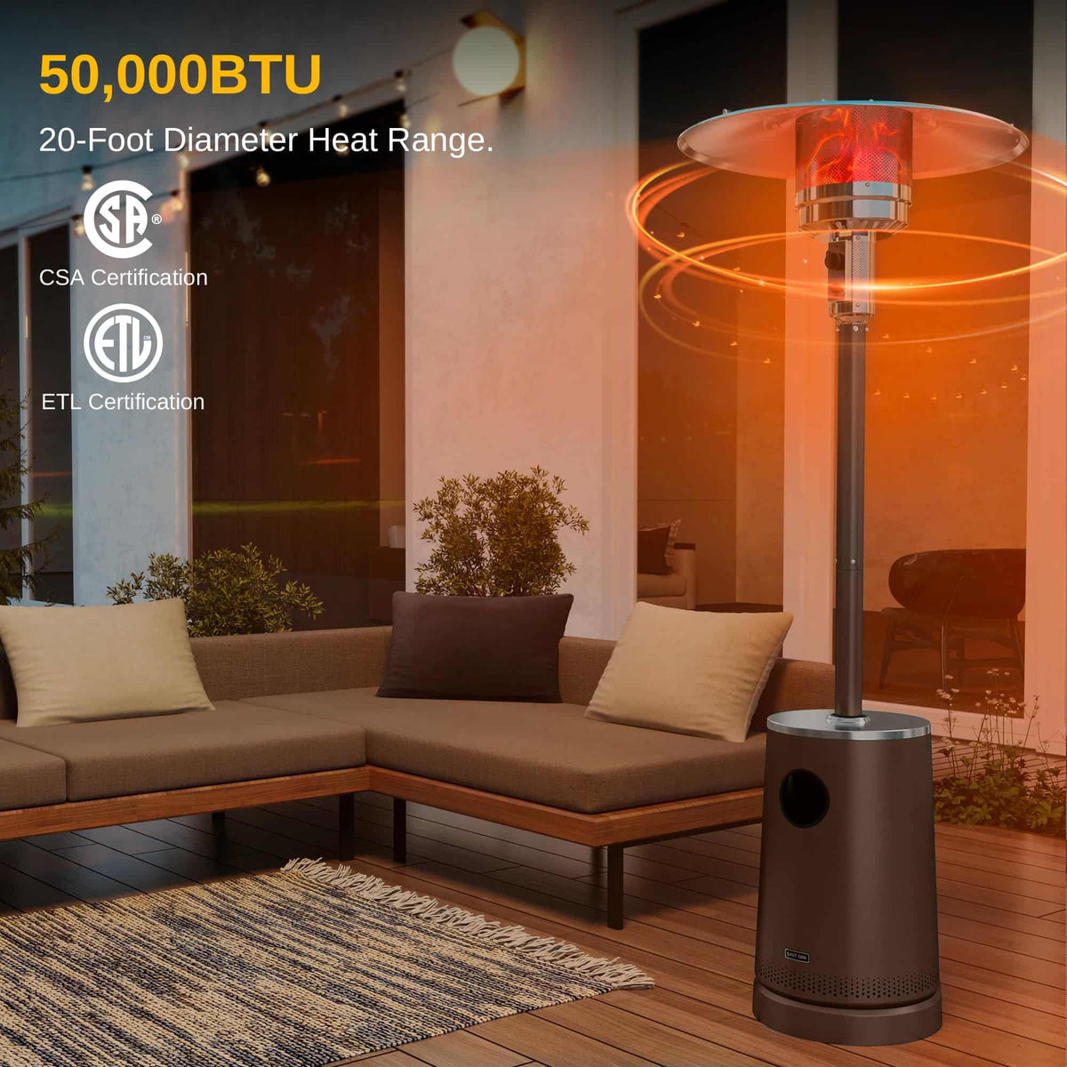 50, 000 BTU Patio Heater with Sand Box, Table Design, Double-Layer Stainless Steel Burner, Wheels, Triple Protection