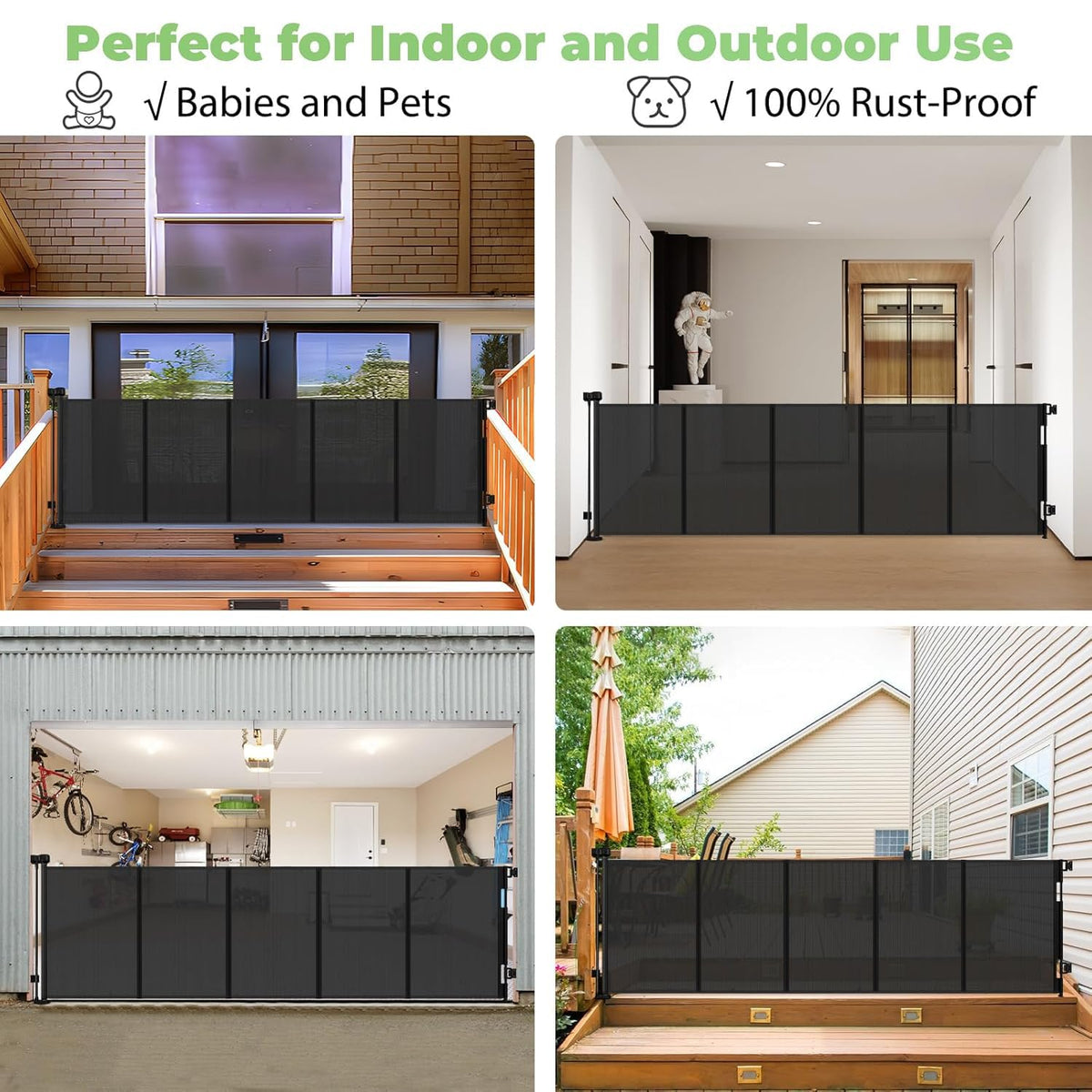 96" Wide Reinforced Retractable Baby Gates, Prevent Crawling Under, Black