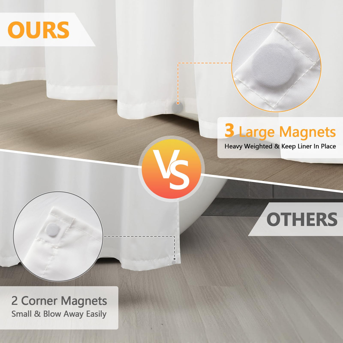 Waterproof Fabric Shower Curtain Liner 84'' Wide with 3 Large Magnets, 84 x 72 inch White Cloth Shower Liner