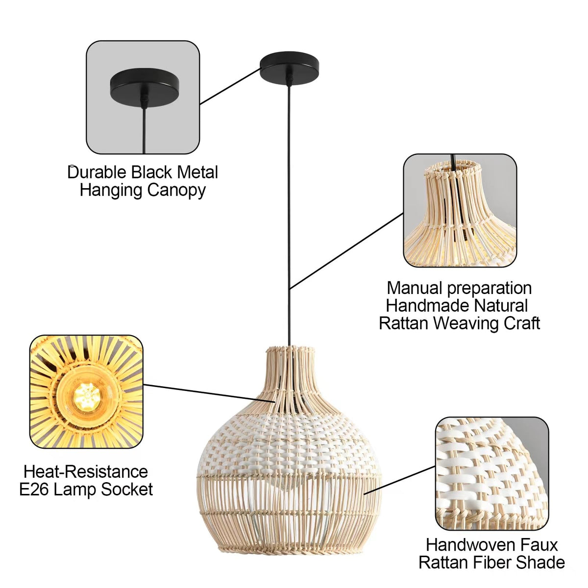 1-Pack Rattan Pendant Light, Mini White Rattan Chandelier