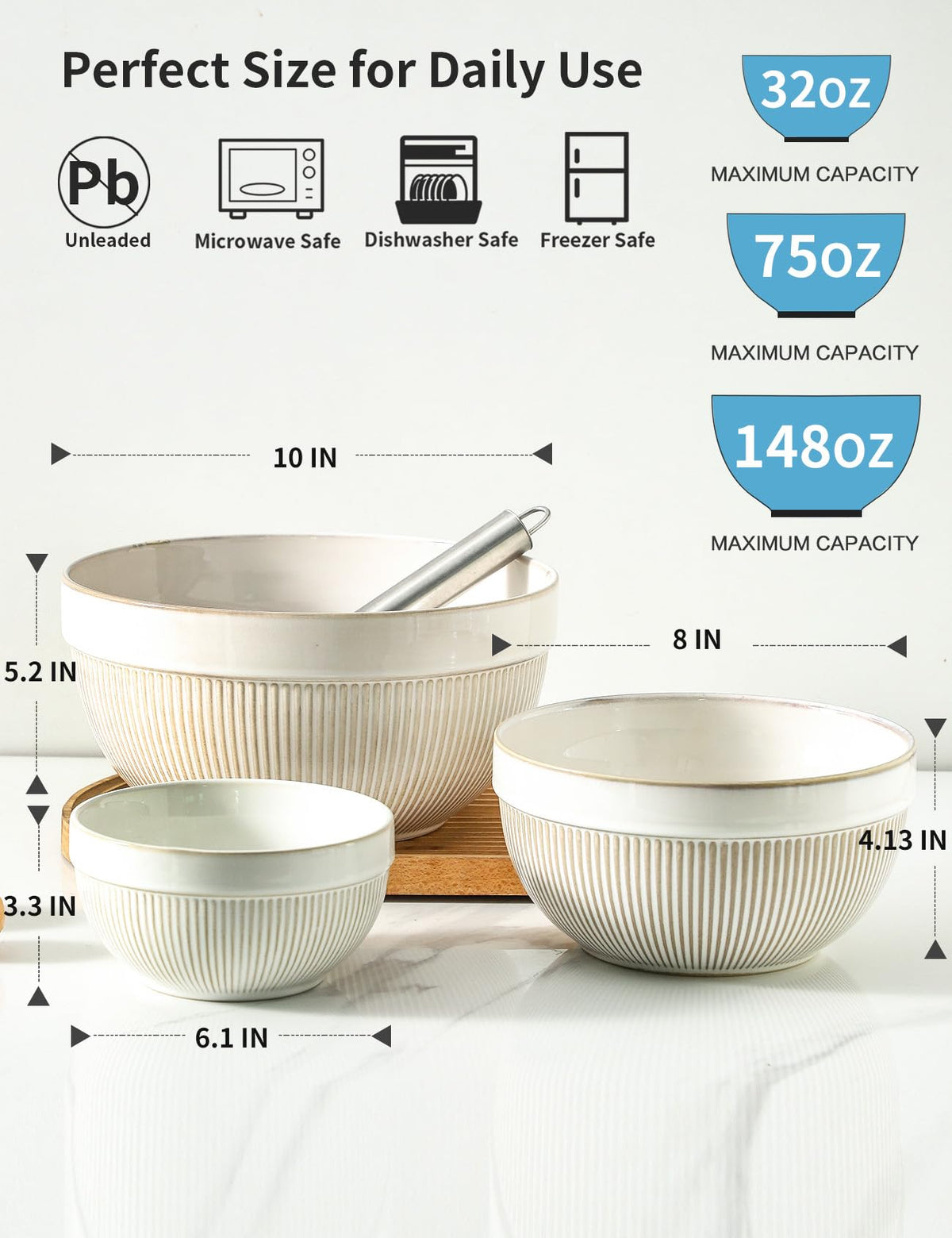 Large Ceramic Mixing Bowls, Glazed White Kitchen Bowl (10"/8"/6"), Set of 3 Nesting Bowls for Baking, Cooking