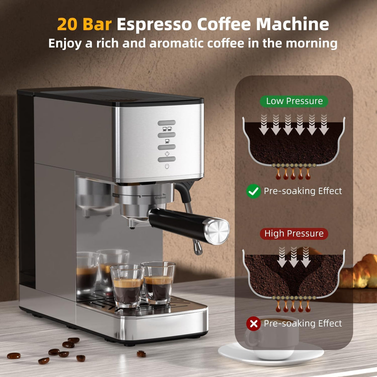 Espresso Machine with Steam Wand | 20-Bar Par Pump, Fast Cold Brew Function, 37oz Removable Water Tank, Stainless