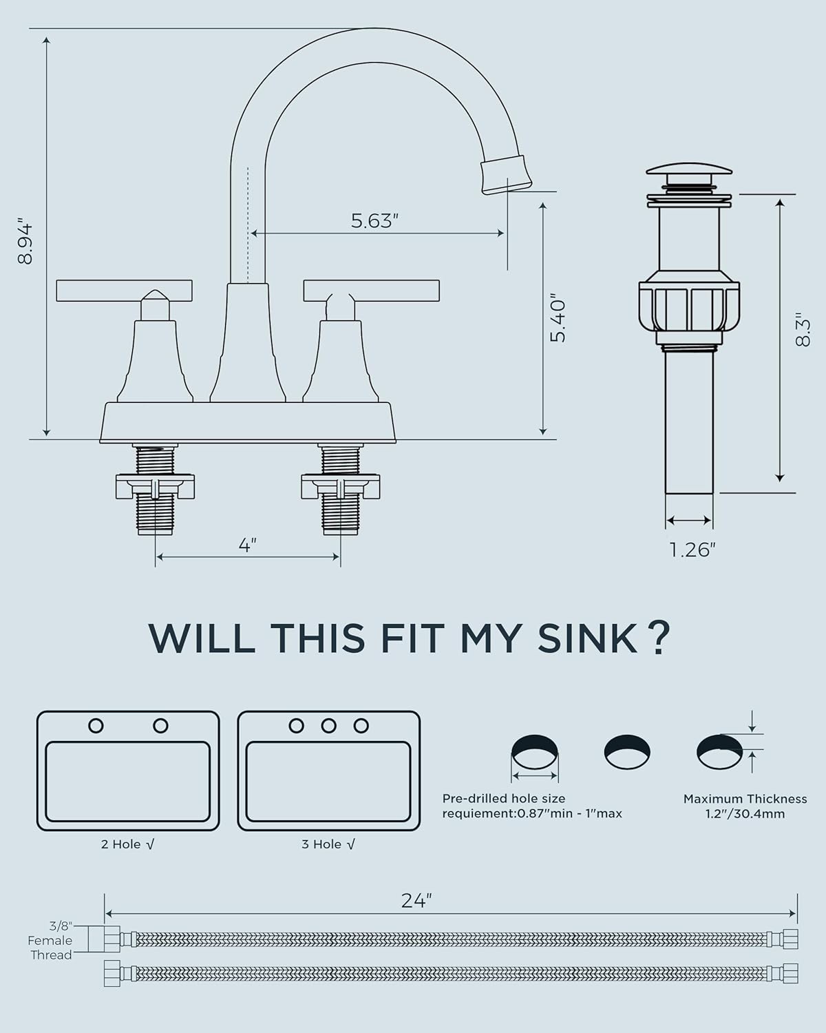 Matte Black Bathroom Faucets, 4 Inch Centerset Bathroom Sink Faucet 2 or 3 Hole with Pop up Drain and cUPC Hose