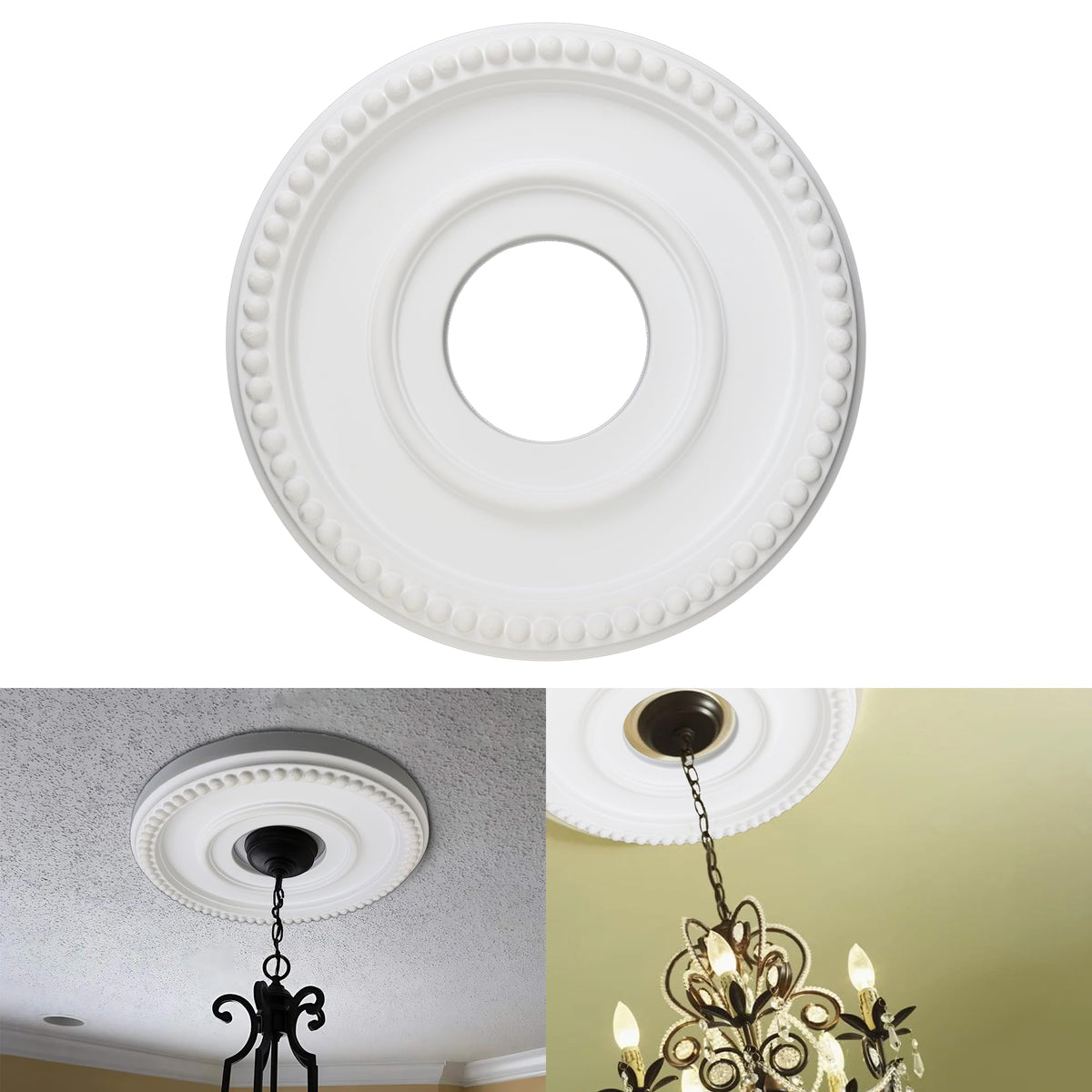 12 Inch OD x 4inch ID White Ceiling Medallion Plate - PU Plastic Decorative Cover for Fan, Light Fixtures, Chandelier