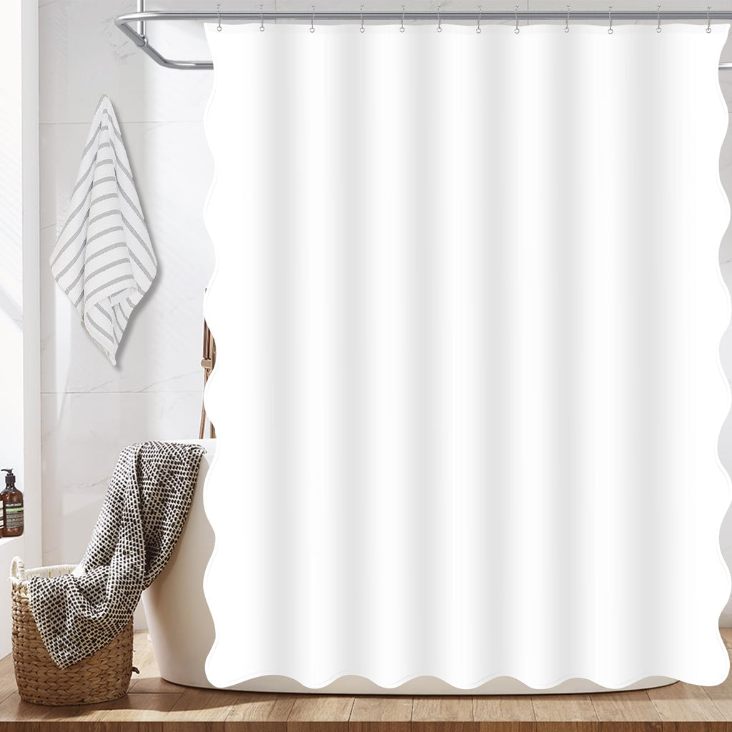 White Scalloped Fabric, Aesthetic Cute Scallop Preppy Ruffle Waterproof Bath Bathroom Decor with Metal Hook 72 W x