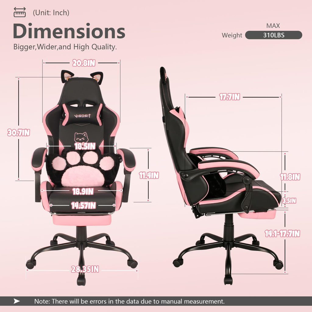 Black & Pink Gaming Chair with Footrest and Lumbar Pillow for Adults