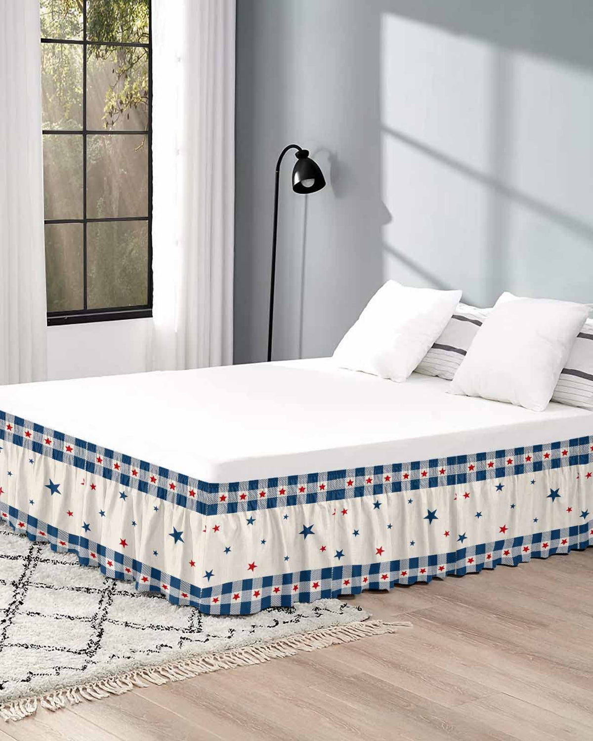 Blue Red Stars Bed Skirt 16 Inch Drop, Adjustable & Elastic Wrap Around Bed Skirts Pleated Luxury Dust