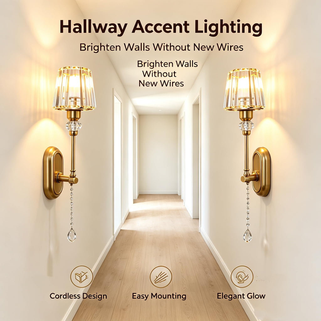 2 Pack Rechargeable Gold Crystal Wall Sconces, 5000mAh Battery Operated Wireless Wall Lamp, 15 Color Changing