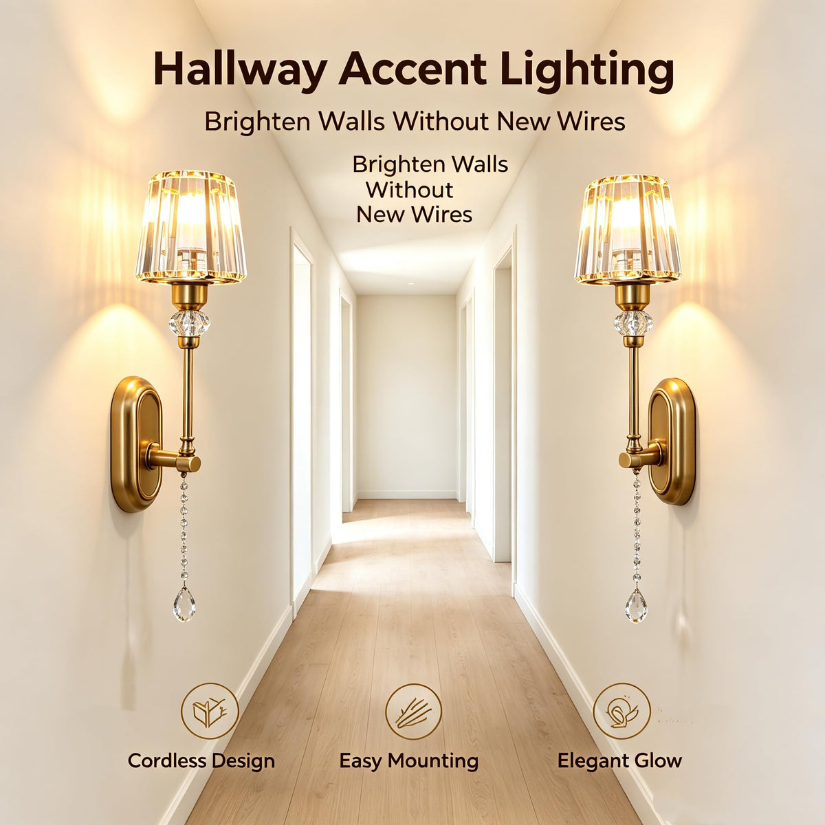 2 Pack Rechargeable Gold Crystal Wall Sconces, 5000mAh Battery Operated Wireless Wall Lamp, 15 Color Changing