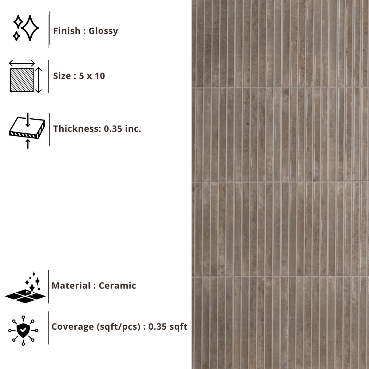 Stone Greige Glossy Ribbed Ceramic Wall Tile (1 Piece)