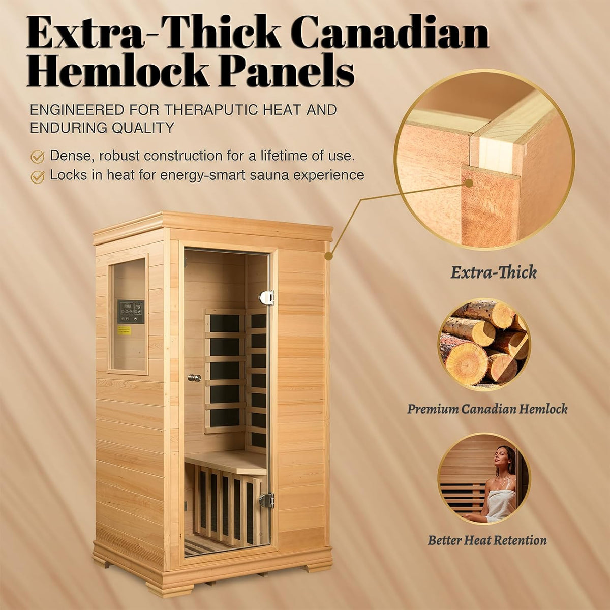 Royal Saunas 1-Person Infrared Indoor Sauna for Home, Compact Hemlock Dry Sauna with Low-EMF Heating, 960W/120V
