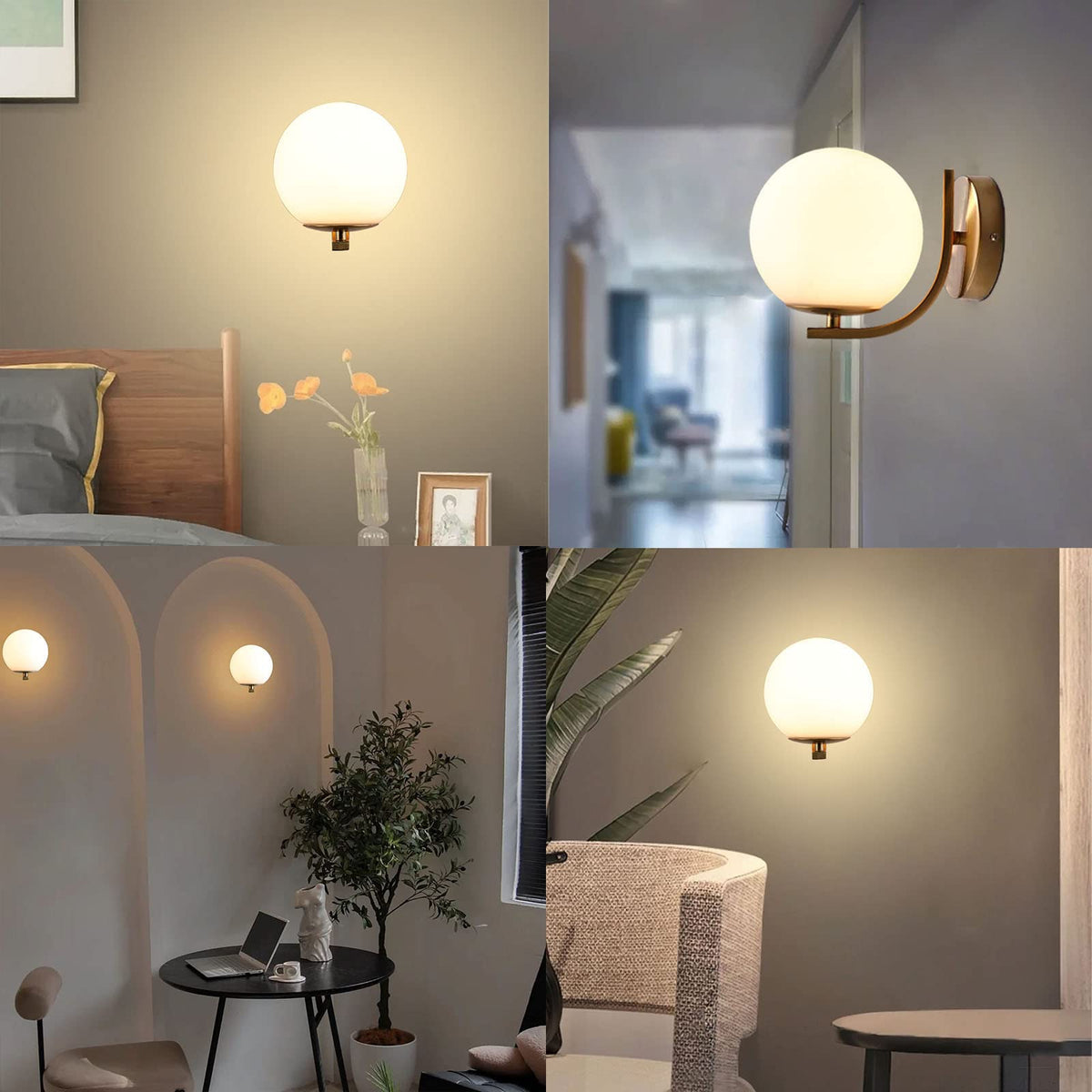 Gold Wall Sconces Set of 2, Mid Century Modern Wall Sconce with Globe Frosted Glass Shade, Art Deco Wall Mounted