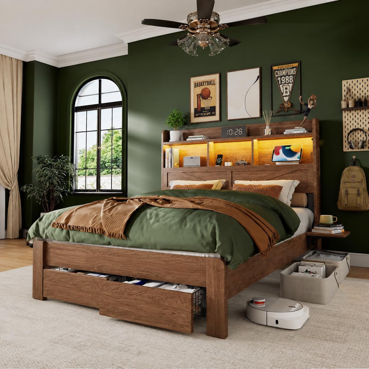 Full Size Bed Frame with 2-Tier Storage Headboard, LED Lights, Charging Station, 2 Drawers, 800lbs Capacity, Wood &