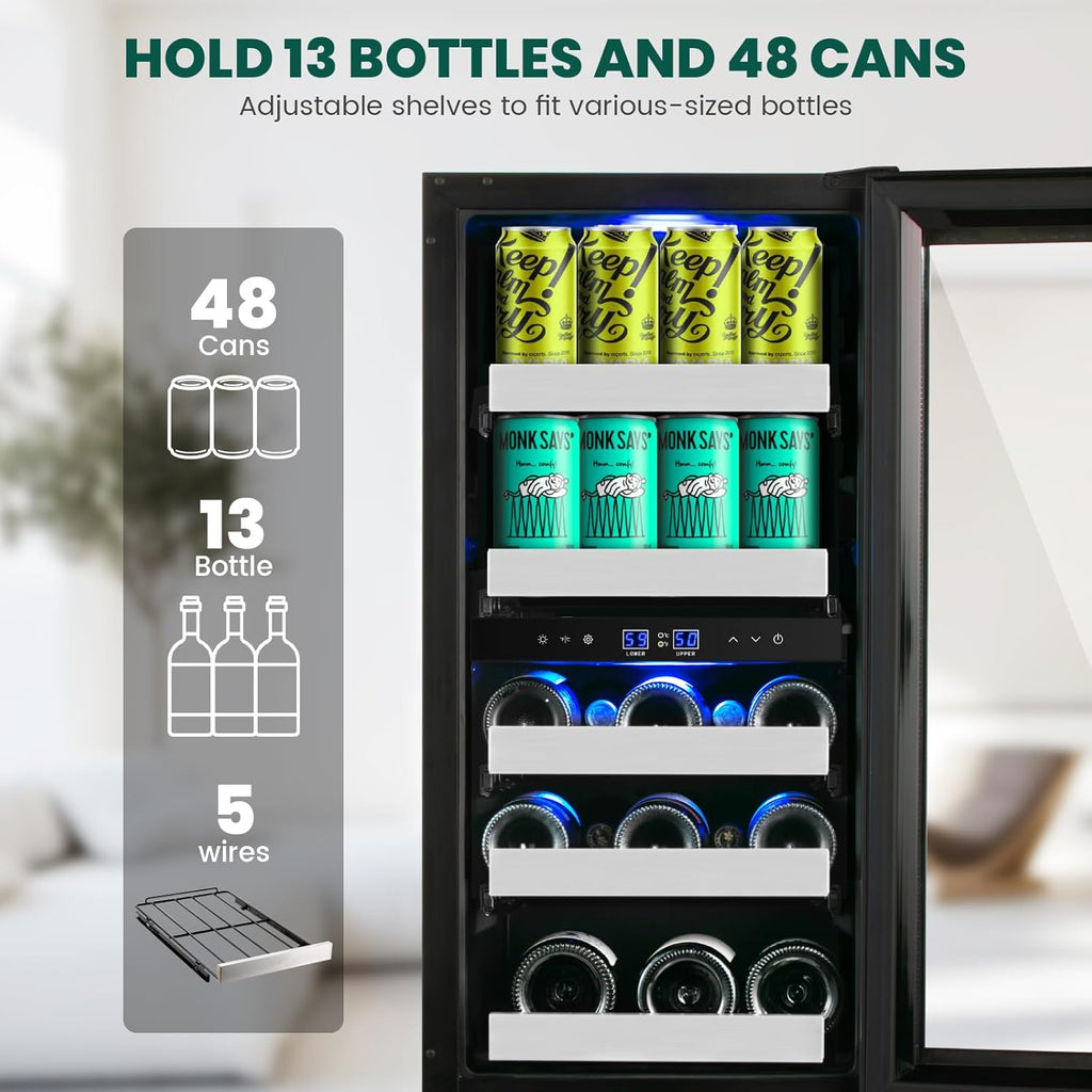 15 Inch Wine and Beverage Refrigerator,13 Bottle & 48 Cans Black Dual Zone Beverage Refrigerator