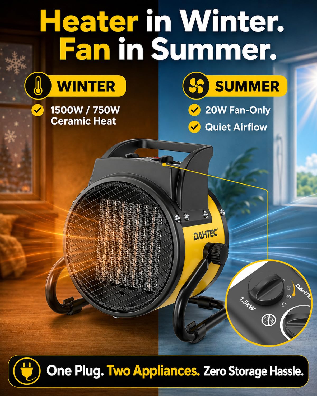 1500W Electric Space Heater for Indoor Use, Portable Ceramic Heater