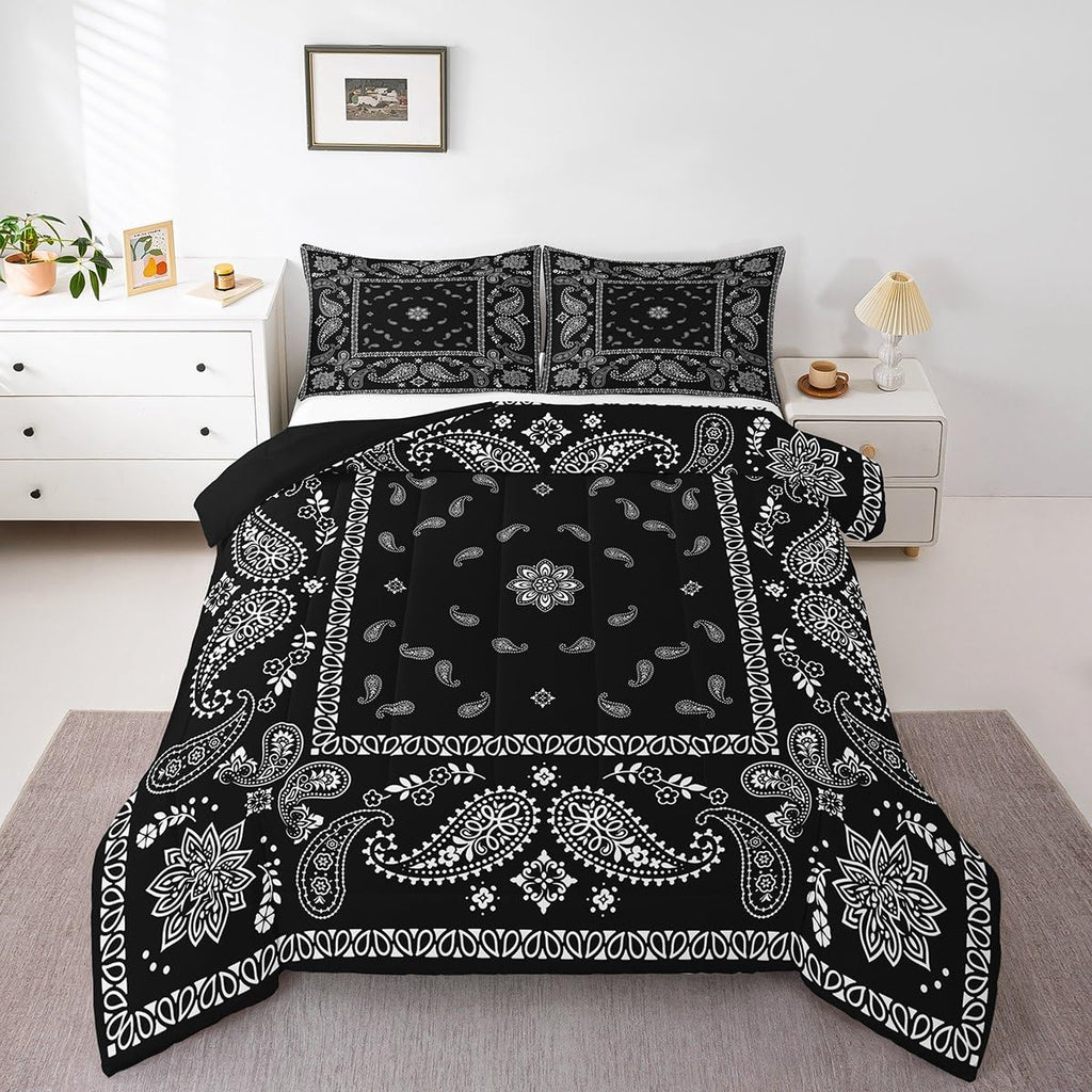 Paisley Flower Comforter Set Full Size, Boho Tribal Style Duvet Set Men Women Bedroom Decor, Traditional Datura Lotus