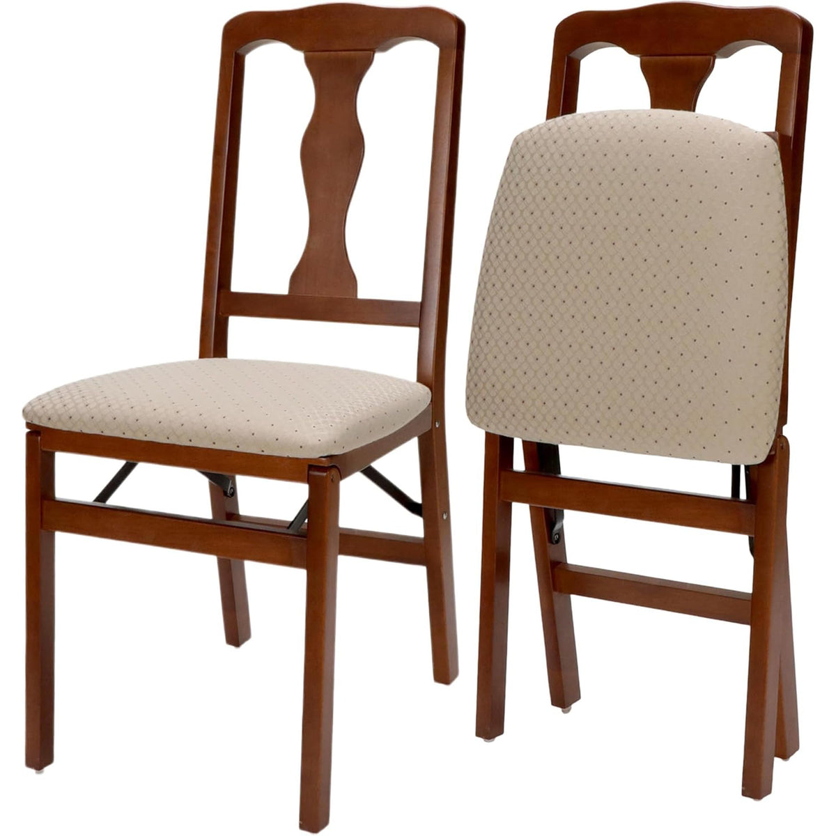 Queen Anne Wooden Folding Chairs with Padded Seats, Set of 2 - No Assembly Foldable Dining Chairs, Steel Folding