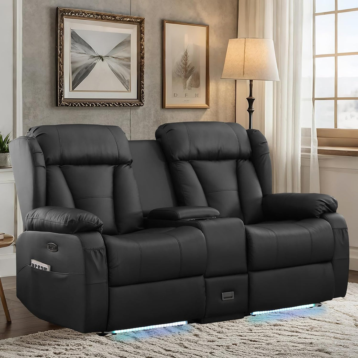 Power Recliner Loveseat Sofa with Console for Living Room, Home Theater Seating Seats with 4 Colors Ambient Lighting