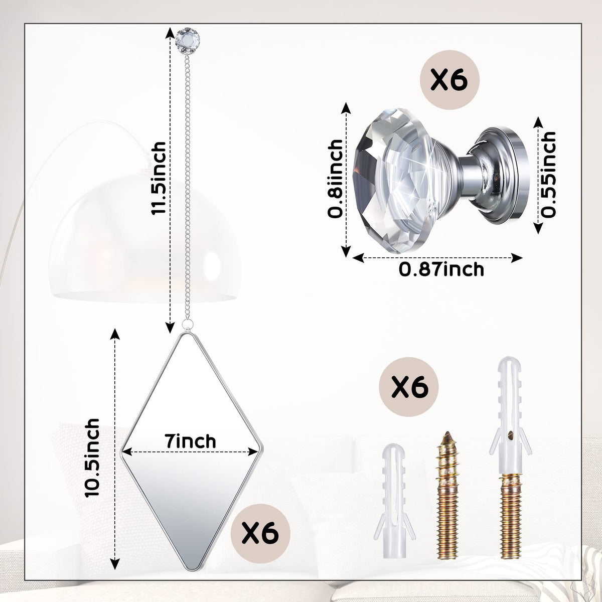 Diamond Wall Mirror Set with Hanging Diamond Handle Chain, Silver