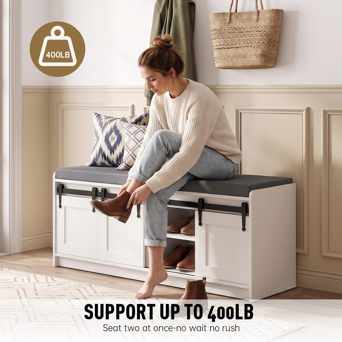 42" Farmhouse Entryway Shoe Storage Bench with Cushion, White, 2pc