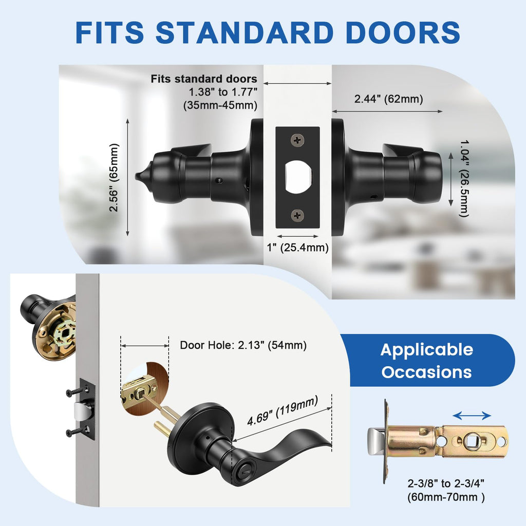 3 Pack Matte Black Door Lever Privacy Door Handles, Zinc Alloy Door Handle Interior, Keyless Lock