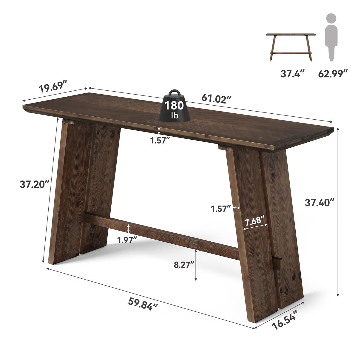 Solid Wood Bar Table, 61" Counter Height Table with Parquet Design Tabletop, Modern Farmhouse Kitchen Bar Table