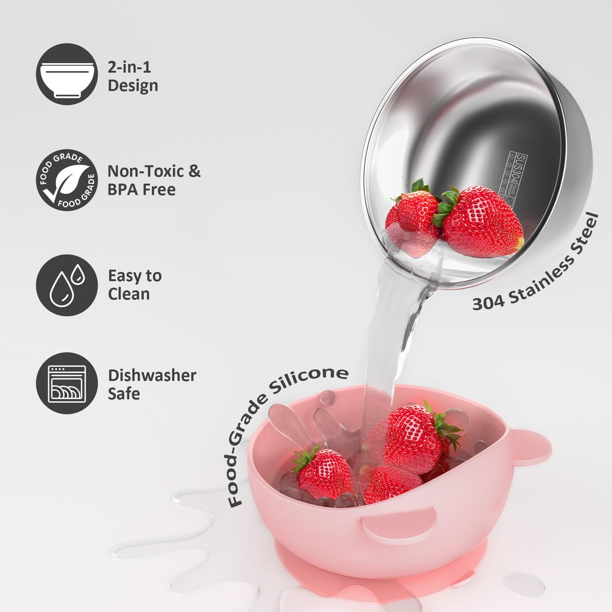 Stainless Steel Baby Bowls with Suction, 2-in-1 SUS304 Toddlers Bowl & Removable Silicone Suction Kids Bowl, Anti