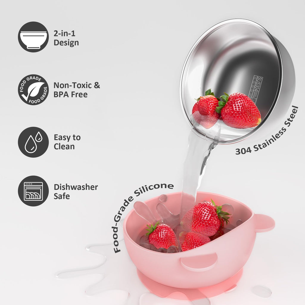 Stainless Steel Baby Bowls with Suction, 2-in-1 SUS304 Toddlers Bowl & Removable Silicone Suction Kids Bowl, Anti