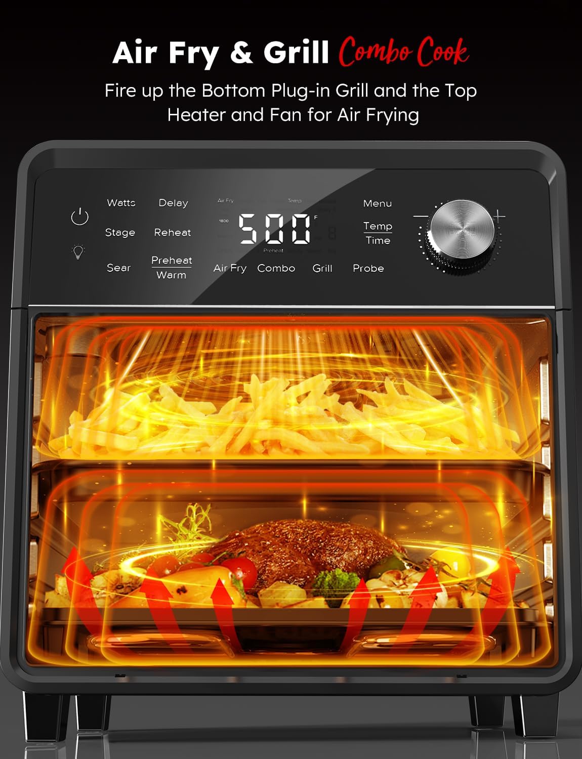 Plug-In Grill Air Fryer Oven Combo w/Sheath Heaters, Authentic Char Flavor, 2026 New Convection System, 2X More Even