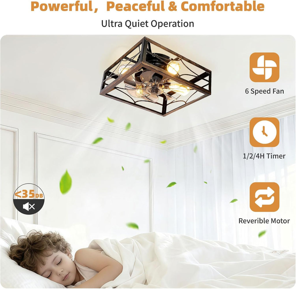16" Flush Mount Caged Ceiling Fan with Light & Remote