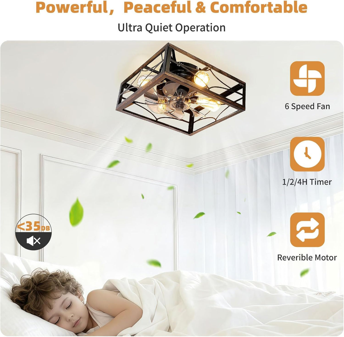 Caged Ceiling Fan with Light and Remote 16'' Rustic Square Flush Mount Ceiling Fan Small Farmhouse Bladeless Ceiling