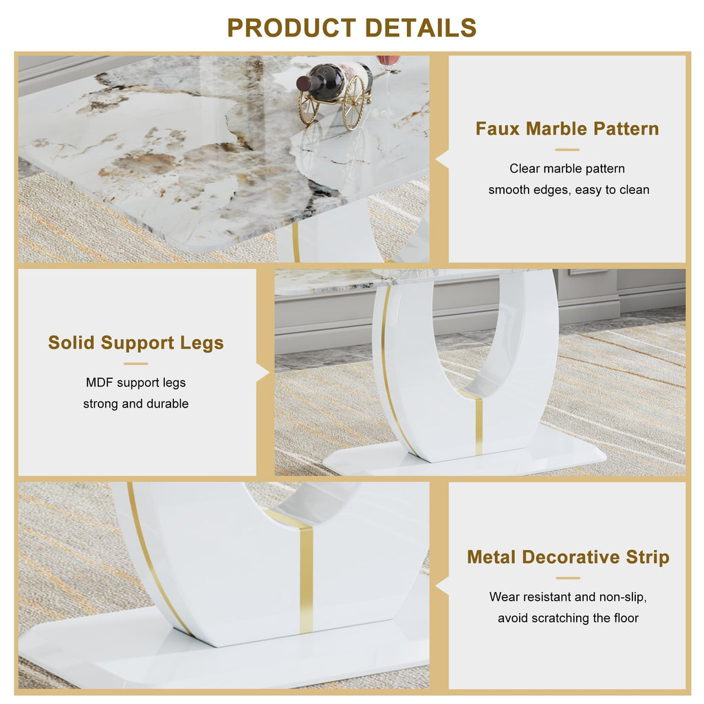 Dining Table Set for 6 with Chairs PU Upholstered, 71'' Pandora White Marble Dining Room Table and Chairs 1162 Gray