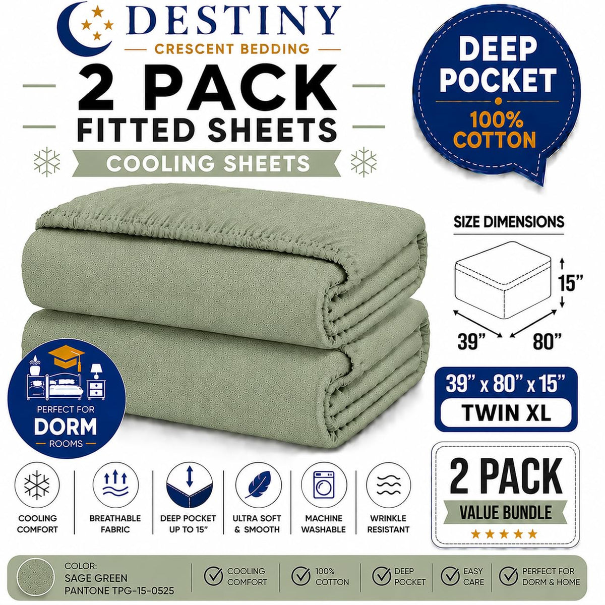 Twin XL Cotton Knit Jersey Fitted Sheets, 2-Pack