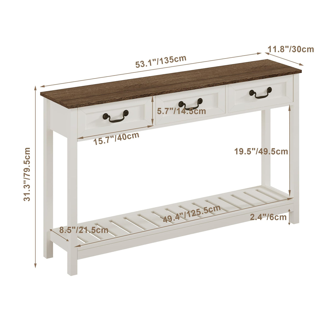 53" Farmhouse Entryway Table with 3 Drawers and Storage Shelf