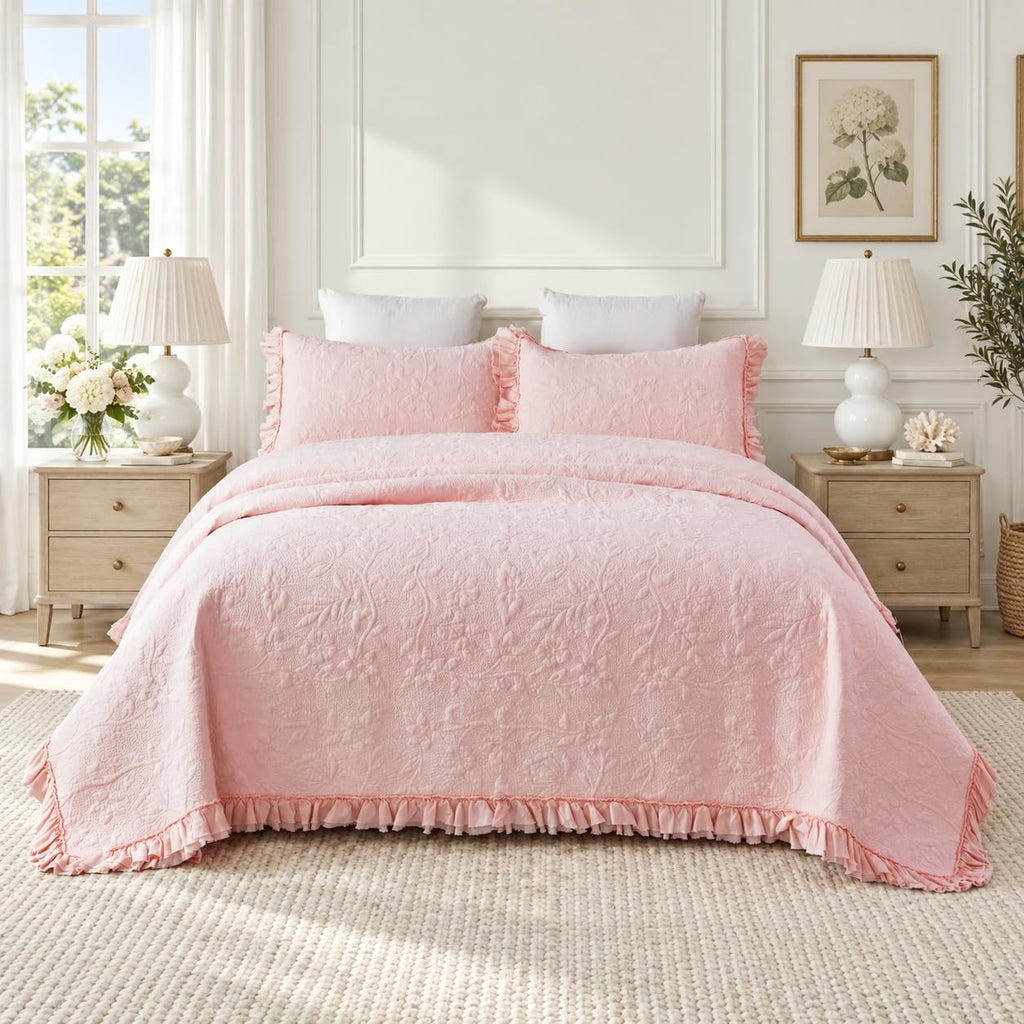 Pink Cotton Quilt Set Ruffled Matelasse Coverlet 3PC