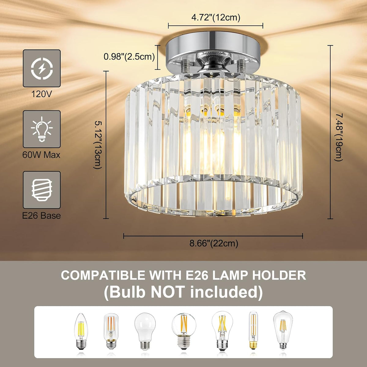 Crystal Chrome Semi Flush Ceiling Light 8.66 Inch | Modern Metal Close To Ceiling Light Fixture Bedroom Kitchen