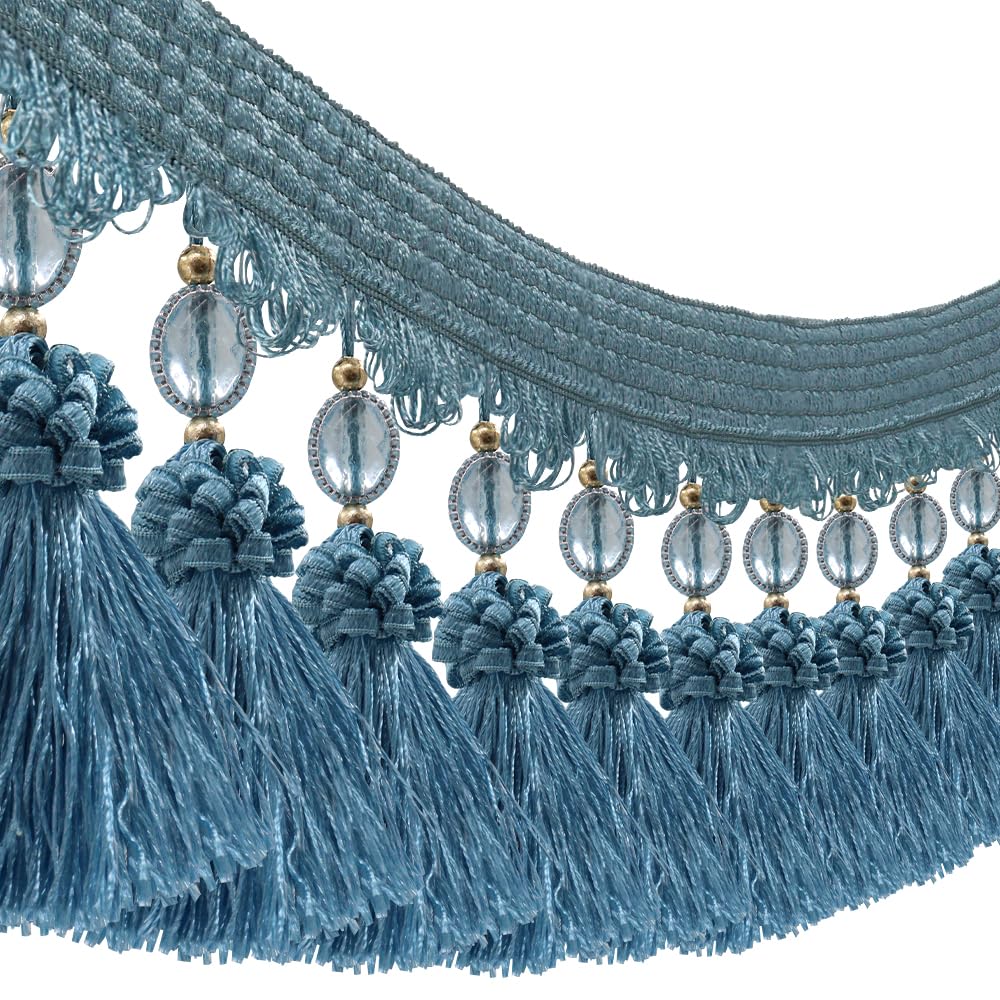 Pom Pom Curtain Fringe Trim Beads Ball Tassel Trimming Sewing Ribbon Upholstery Fabric (Blue) - 3yards