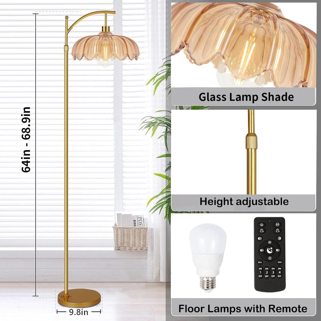 Arc Floor Lamp Gold Floor Lamp with Remote Control,Dimmable Floor Lamps With Glass Lampshades,Mid Century Modern