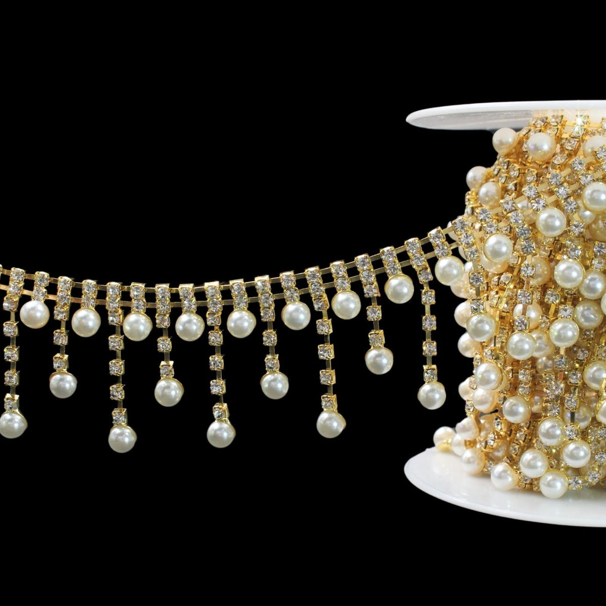 Pearl Rhinestone Trim Chain Crystal Fringe Gold Diamond Applique Ribbon String Tassel Strip for Sewing Wedding - 1 Yard