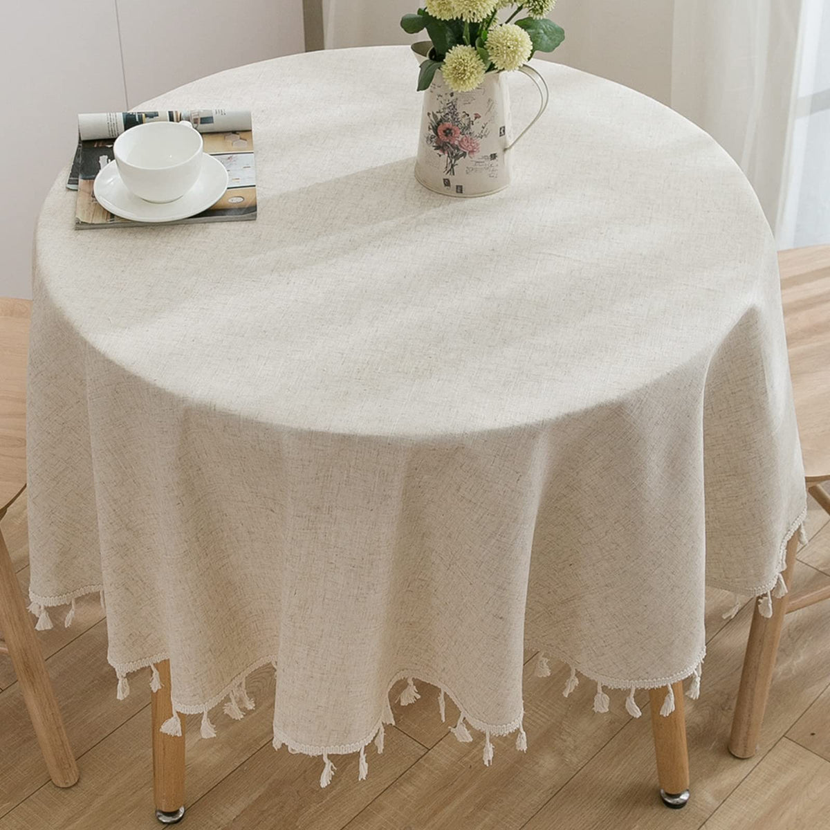 Round Tablecloth 60 Inch, Cotton Linen Table Cloths with Tassel, Boho Table Cover Dining Room Tabletop Decorations