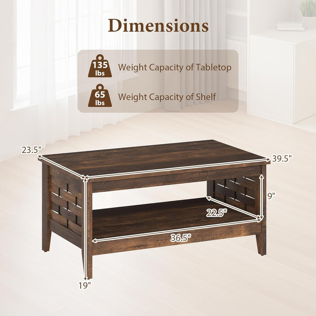 Farmhouse Coffee Table, 2-Tier Center Table with Storage Open Shelf & Woven Slatted Design