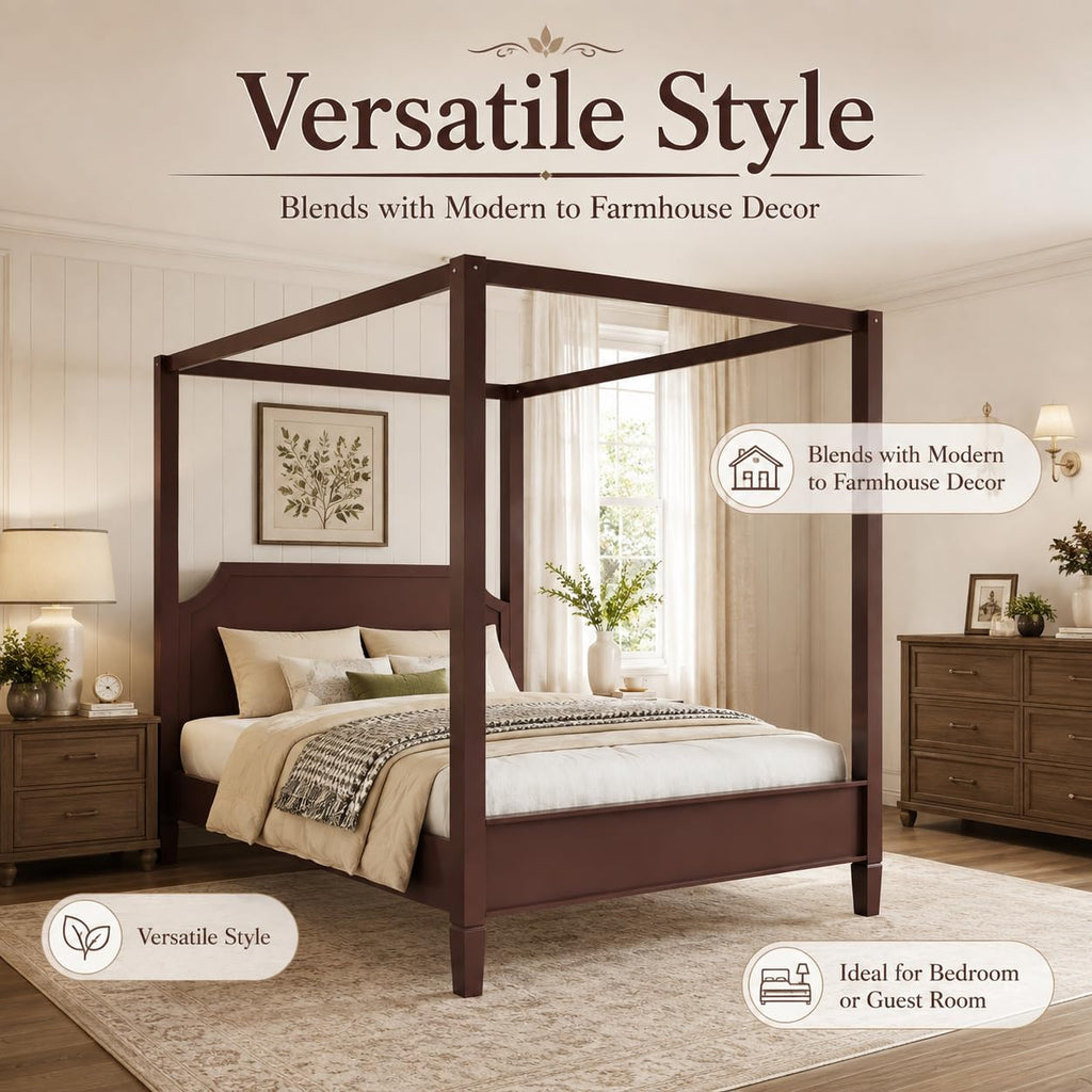 Walnut Canopy Bed Frame Solid Wood 4 Poster Canopy Bed