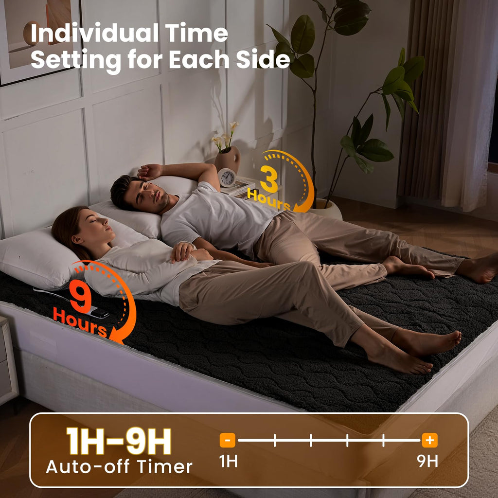 Multi-Zone Electric Heated Mattress Pad Queen Size, Dual Control Bed Warmer with Memory & 11 Heat Level, Auto