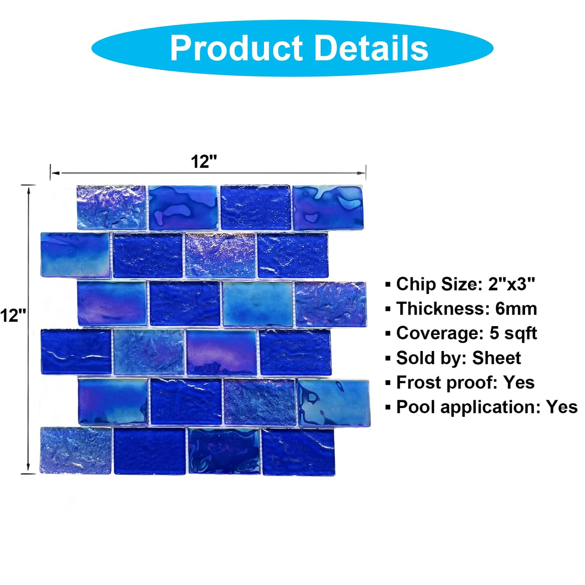 5 Sheets Glass Tile Mosaic Tiles Pool Tile Backsplash Bathroom Shower Tile (Cobalt Blue, 5 Sq.Ft)
