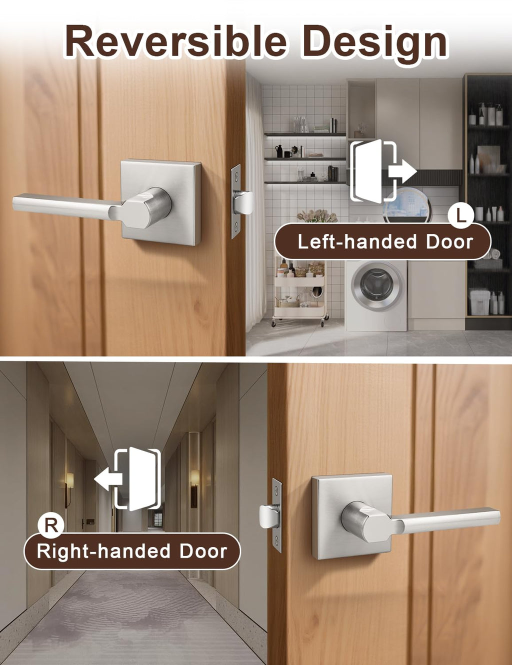5 Pack Square Brushed Nickel Door Handles Interior, Non-Locking Interior Passage Door Lock Hallway/Closet Door Lever
