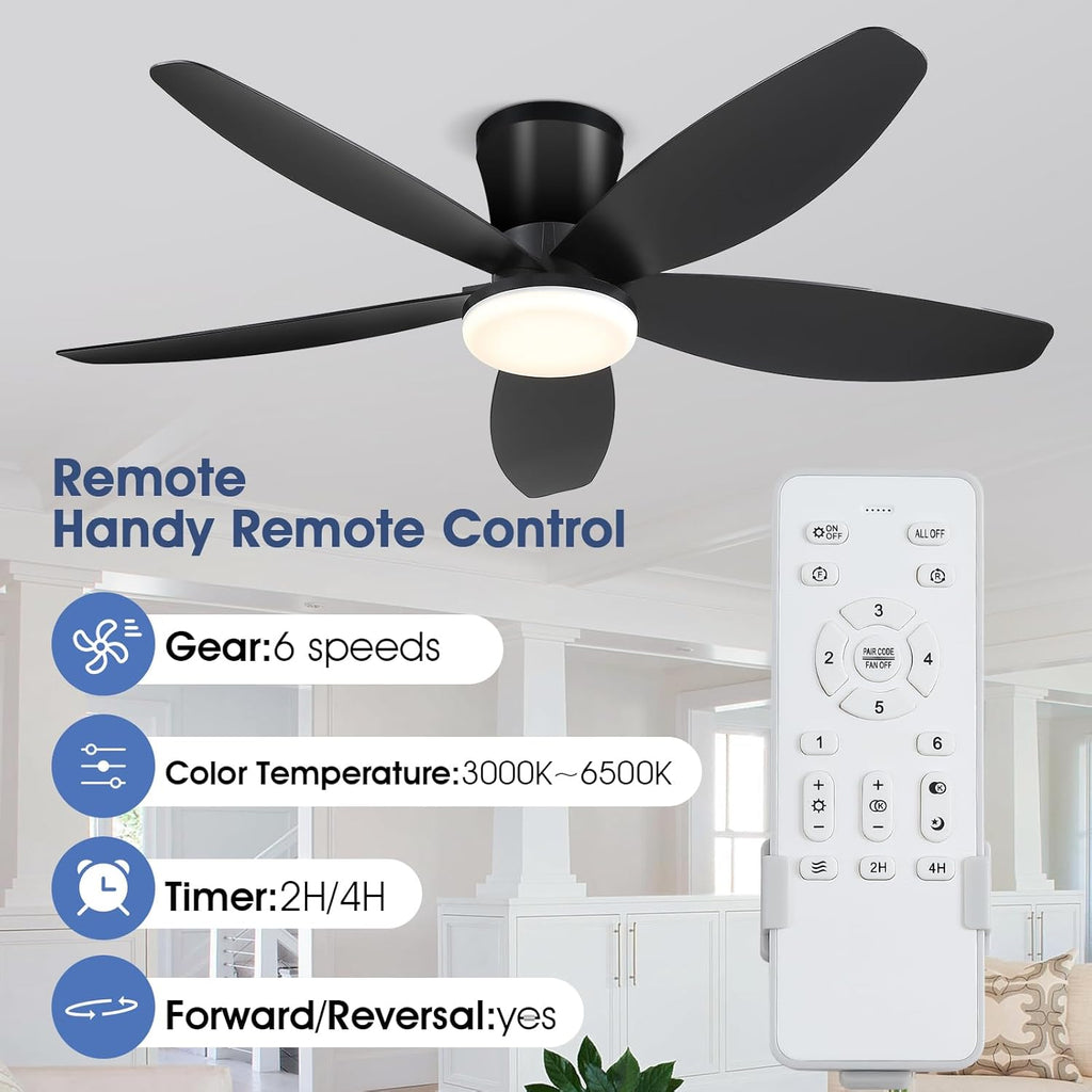 42" Black Indoor/Outdoor Flush Mount Ceiling Fan with Light & Remote