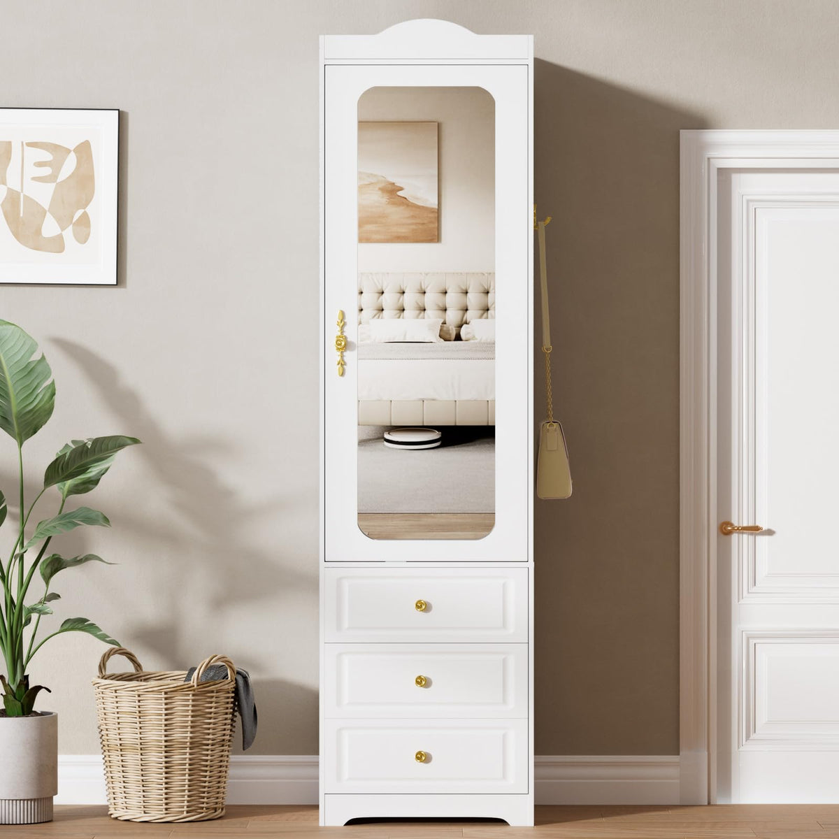 Armoire Wardrobe Closet, Updated 15.7" W White Bedroom Armoires Cabinet with Mirror Door and 3 Drawers, 69.5" H