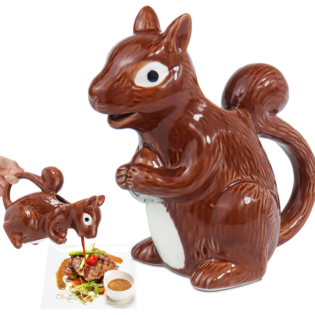 Squirrel Gravy Boat, 6 Oz Ceramic Sauce Boat for Gravy, Warming Sauces, Salad Dressings, Milk, Novelty Gift for